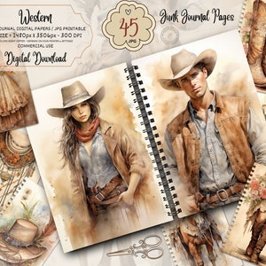 Watercolor Western Junk Journal Printable Pages, Cowboy Junk Journal Kit, Cowgirl Junk Journal Paper, Digital Collage Sheet