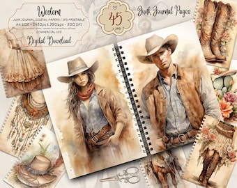 Kit de acuarelas del Oeste, vaqueros y vaqueras para diario creativo, efímeros imprimibles del Salvaje Oeste, papel para álbumes de recortes, descarga digital