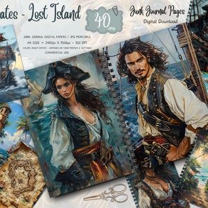 Kit de diario basura de la Isla Perdida de Piratas, kit de diario basura imprimible, kit de diario pirata, diario pirata, diario basura, material efímero para scrapbooking