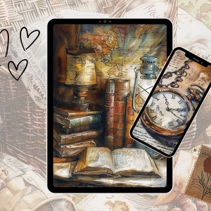 May include: A digital tablet and a smartphone with a vintage aesthetic. The tablet displays a map with a compass and a lantern. The smartphone shows a vintage pocket watch with Roman numerals. The background features a wicker basket and a vintage postcard.