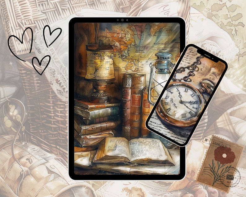 May include: A digital tablet and a smartphone with a vintage aesthetic. The tablet displays a map with a compass and a lantern. The smartphone shows a vintage pocket watch with Roman numerals. The background features a wicker basket and a vintage postcard.