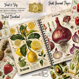 Dagboekpagina's groenten en fruit, digitaal aquarel plakboekpapier, afdrukbaar collageblad, knutselset zomerfruit, vintage ephemera