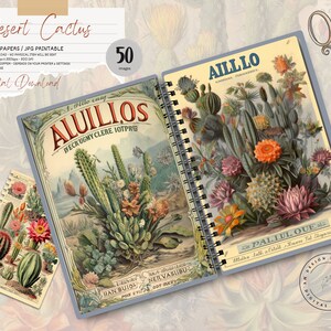 de journalisation vintage cactus du désert | kit imprimable de journal indésirable, éphémères botaniques numériques, embellissements succulents d'album