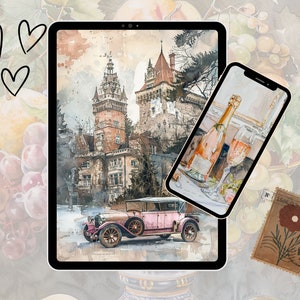 Pu&ograve; includere: Un'illustrazione digitale di un'auto d'epoca che passa davanti a un dipinto ad acquerello di un castello. Il castello &egrave; di colore marrone chiaro con una torre alta e un tetto a punta. L'auto &egrave; rosa e ha un tettuccio nero. Lo sfondo &egrave; un cielo azzurro chiaro con nuvole bianche.