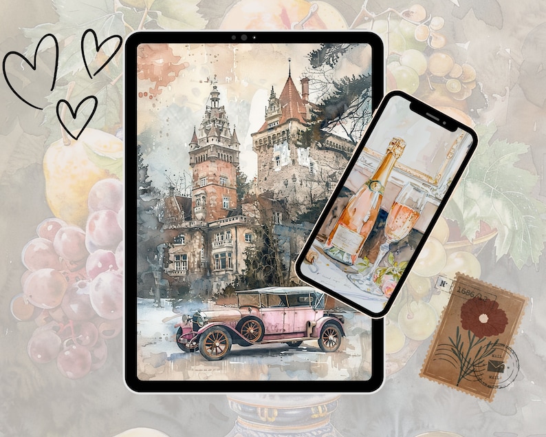 Pu&ograve; includere: Un'illustrazione digitale di un'auto d'epoca che passa davanti a un dipinto ad acquerello di un castello. Il castello &egrave; di colore marrone chiaro con una torre alta e un tetto a punta. L'auto &egrave; rosa e ha un tettuccio nero. Lo sfondo &egrave; un cielo azzurro chiaro con nuvole bianche.