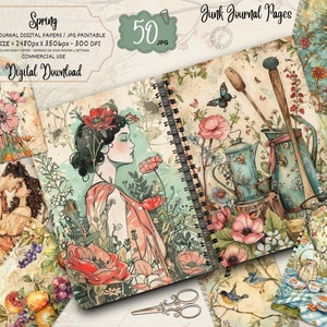 Kit per diario di primavera, pagina stampabile per diario di primavera, kit per diario di primavera con fiori, foglio di collage digitale per diario di primavera, download immediato