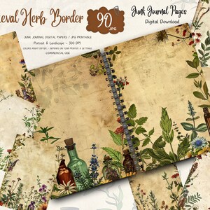 Pagine di diario con bordo di erbe medievali vintage, carta per diario di erbe, kit digitale per diario di scarto, foglio di collage stampabile per scrapbooking