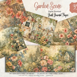 Flower Garden Junk Journal Paper | Rustic Floral Watering Cans | Printable Pages | Floral Scrapbook Papers | Digital Kit | Collage