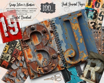 Grunge Letters, Industrial Alphabet Junk Journal Kit, Rusty Number Printable Papers, Collage Sheet, Digital Download