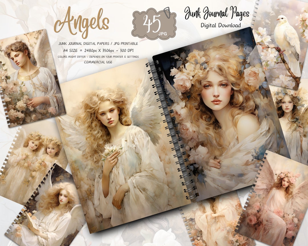 Watercolor Angel Junk Journal Pages, Heavenly Cherub Portraits, Vintage ...
