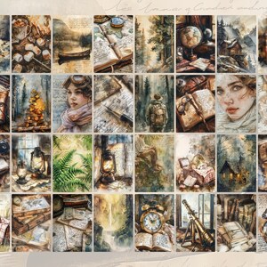 May include: A collage of watercolor paintings featuring vintage journals, antique compasses, lanterns, and other objects with a woodland theme. The images are arranged in a grid pattern and have a rustic, vintage aesthetic.