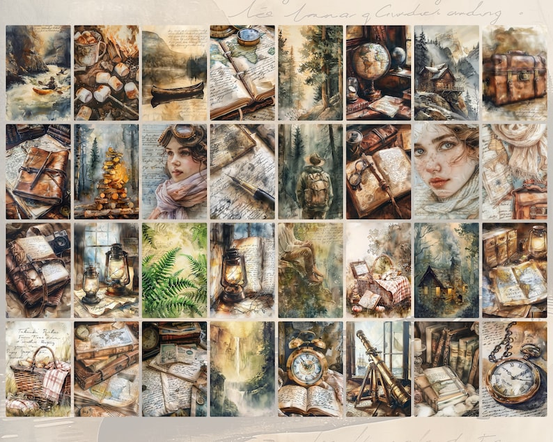 May include: A collage of watercolor paintings featuring vintage journals, antique compasses, lanterns, and other objects with a woodland theme. The images are arranged in a grid pattern and have a rustic, vintage aesthetic.