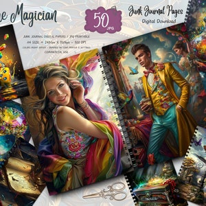 Pode incluir: Um conjunto de 50 páginas de diário de sucata imprimíveis digitais com ilustrações coloridas de um mágico, uma mulher com cabelo arco-íris, uma garrafa com estrelas, uma torre, um anel, um livro, um baú e um homem com um terno amarelo. O texto "The Magician" e "Junk Journal Pages" é visível na imagem.