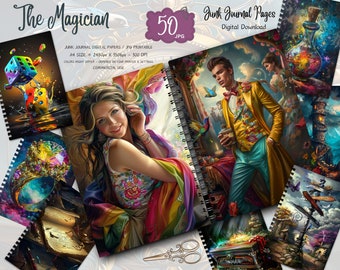 May include: A set of 50 digital printable junk journal pages featuring colorful illustrations of a magician, a woman with rainbow hair, a bottle with stars, a tower, a ring, a book, a chest, and a man in a yellow suit. The text "The Magician" and "Junk Journal Pages" is visible in the image.