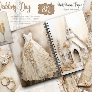 Pagine di diario vintage per matrimoni, kit di carta per album digitali, stampabile per spose, foglio collage di fiori, amore per il matrimonio, effimeri d'amore