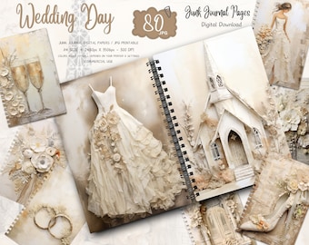 Kit de Scrapbook Vintage para Casamento, Artigos Nupciais, Papel Floral para Scrapbook de Casamento, Folha de Colagem Imprimível, Download Digital