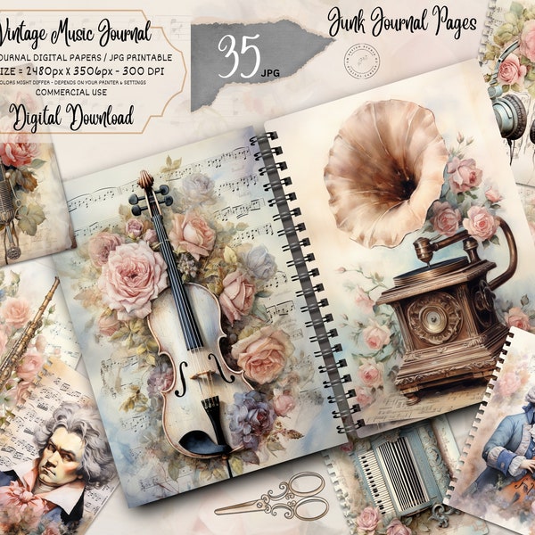 Vintage Music Junk Journal Pages, Digital Scrapbook Paper Kit, Musical Instruments Printable, Collage Sheet, Sheet Music Ephemera, Old Piano