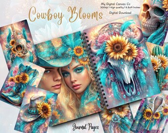 Kit imprimible de diario de recortes con temática de vaquera bohemia y girasoles, páginas de álbum de recortes con efímeros de chica campestre del oeste, descarga digital