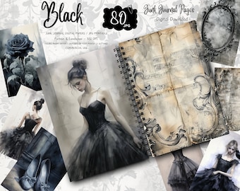 Gothic Black Ballet, Dark Floral Vintage Ephemera, Junk Journal Kit, Black Swan Scrapbook Pages, Printable Collage Sheet, Digital Download