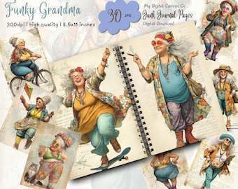Páginas de diario de estilo "Abuela divertida", "Vieja hippie", hoja de collage original y divertida para abuelas, descarga digital de efímeros imprimibles, 30 páginas.