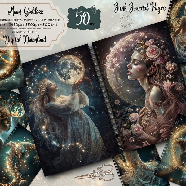 Moon Goddess Junk Journal Pages, Craft Paper, Printable Collage, Digital Scrapbook Paper, Celestial Printable, Moon Journal Kit, Ephemera