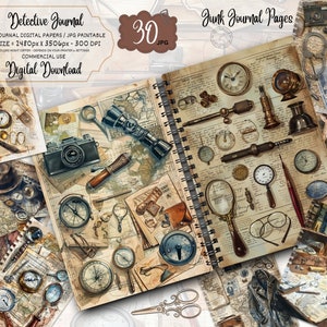 Vintage Detective Junk Journal Pages, Digital Scrapbook Paper Kit, Crime Investigation Printable, Mystery Case File, Victorian Collage Sheet