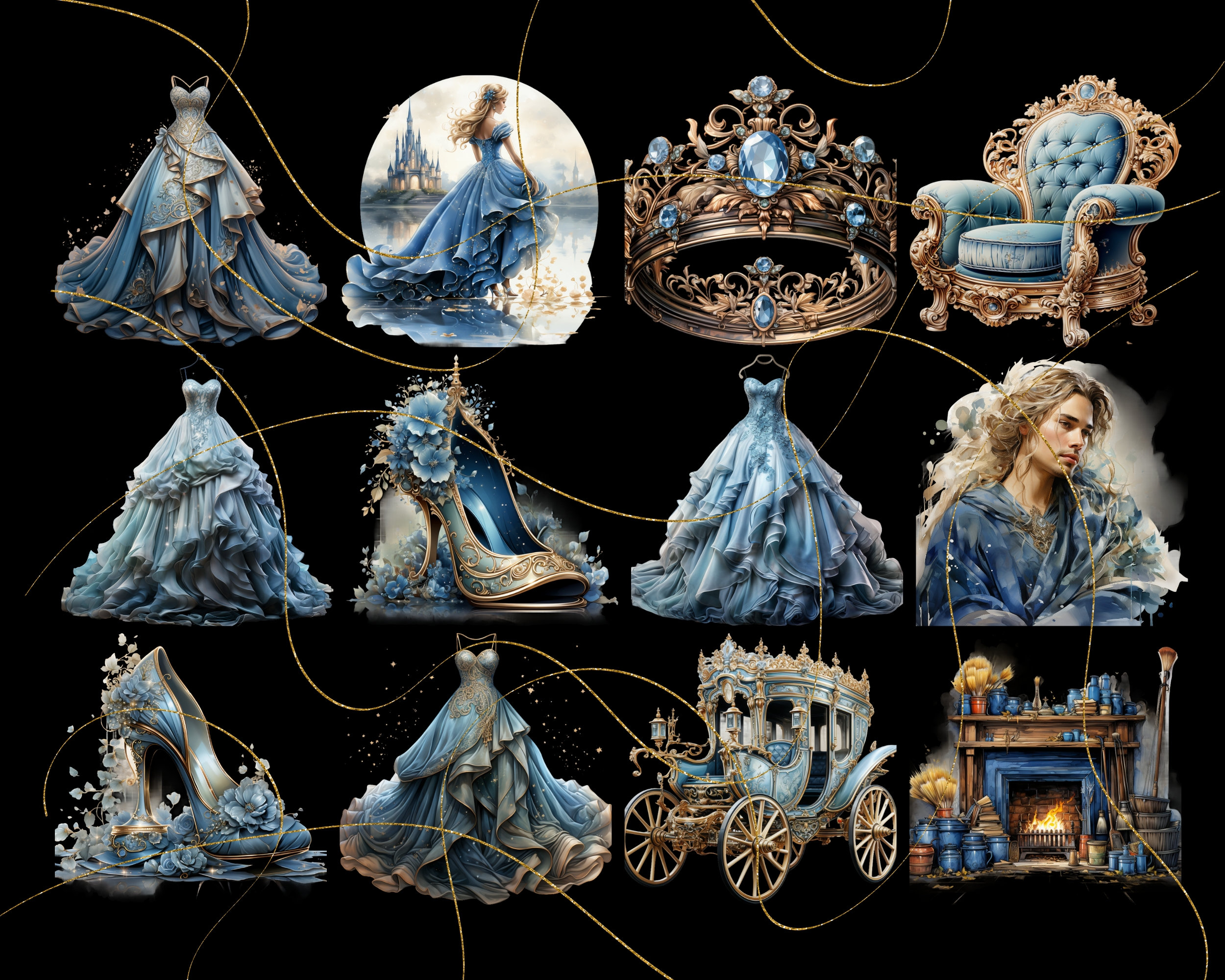 Cinderella Clipart Bundle PNG Digital Download, Watercolor Princess ...