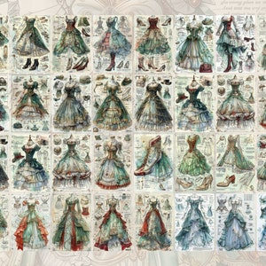May include: A collection of 36 vintage illustrations of women wearing various styles of dresses. The dresses are all in shades of green, blue, and white, and feature intricate details like lace, ruffles, and bows. The illustrations are set against a background of old paper with text and decorative elements.