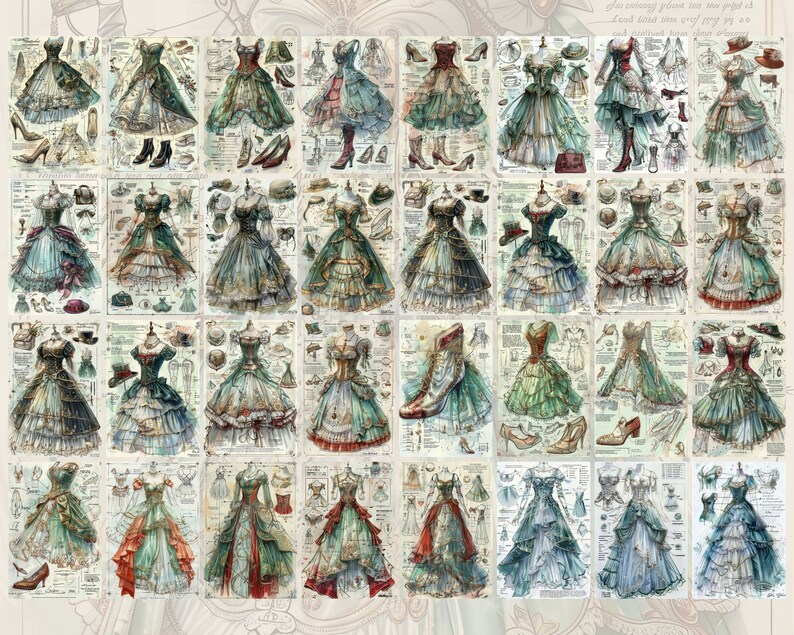 May include: A collection of 36 vintage illustrations of women wearing various styles of dresses. The dresses are all in shades of green, blue, and white, and feature intricate details like lace, ruffles, and bows. The illustrations are set against a background of old paper with text and decorative elements.