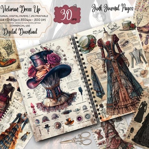 Pagine di diario spazzatura per abiti da donna vittoriani, kit effimeri digitali, carta per album antichi, signore vintage, foglio di collage stampabile