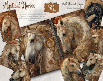 May include: 30 digital printable junk journal pages featuring mystical horses with gold and brown accents. The pages are A4 size, 2480px x 3506px, 300 DPI. Junk Journal Digital Papers / JPG Printable. A4 Size = 2480px X 3506px = 300 DPI. Colors might differ - depends on your printer & settings. Commercial use.