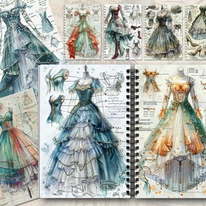 May include: A sketchbook with watercolor illustrations of different dress designs. The dresses are all in shades of blue, green, and gold, and feature intricate details like lace, ruffles, and beading. The sketchbook is open to a page showing a detailed illustration of a dress with a full skirt and a fitted bodice.