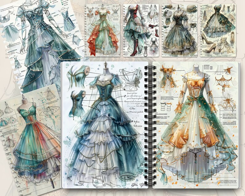 May include: A sketchbook with watercolor illustrations of different dress designs. The dresses are all in shades of blue, green, and gold, and feature intricate details like lace, ruffles, and beading. The sketchbook is open to a page showing a detailed illustration of a dress with a full skirt and a fitted bodice.