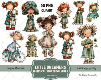 Whimsical Girl Clipart PNG Digital Download Fussy Cuts Storybook Journal Ephemera Cottagecore Fairy Paper Doll Scrapbook Watercolor Art