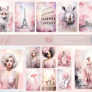 Pink Junk Journal Paper: Watercolor Flowers, Landmarks (Digital Download)