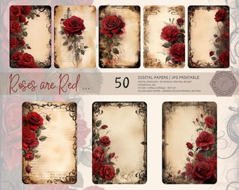 Páginas de diario de recortes con motivos botánicos florales oscuros y rosas rojas vintage, efímeros imprimibles de estilo rococó, descarga digital.