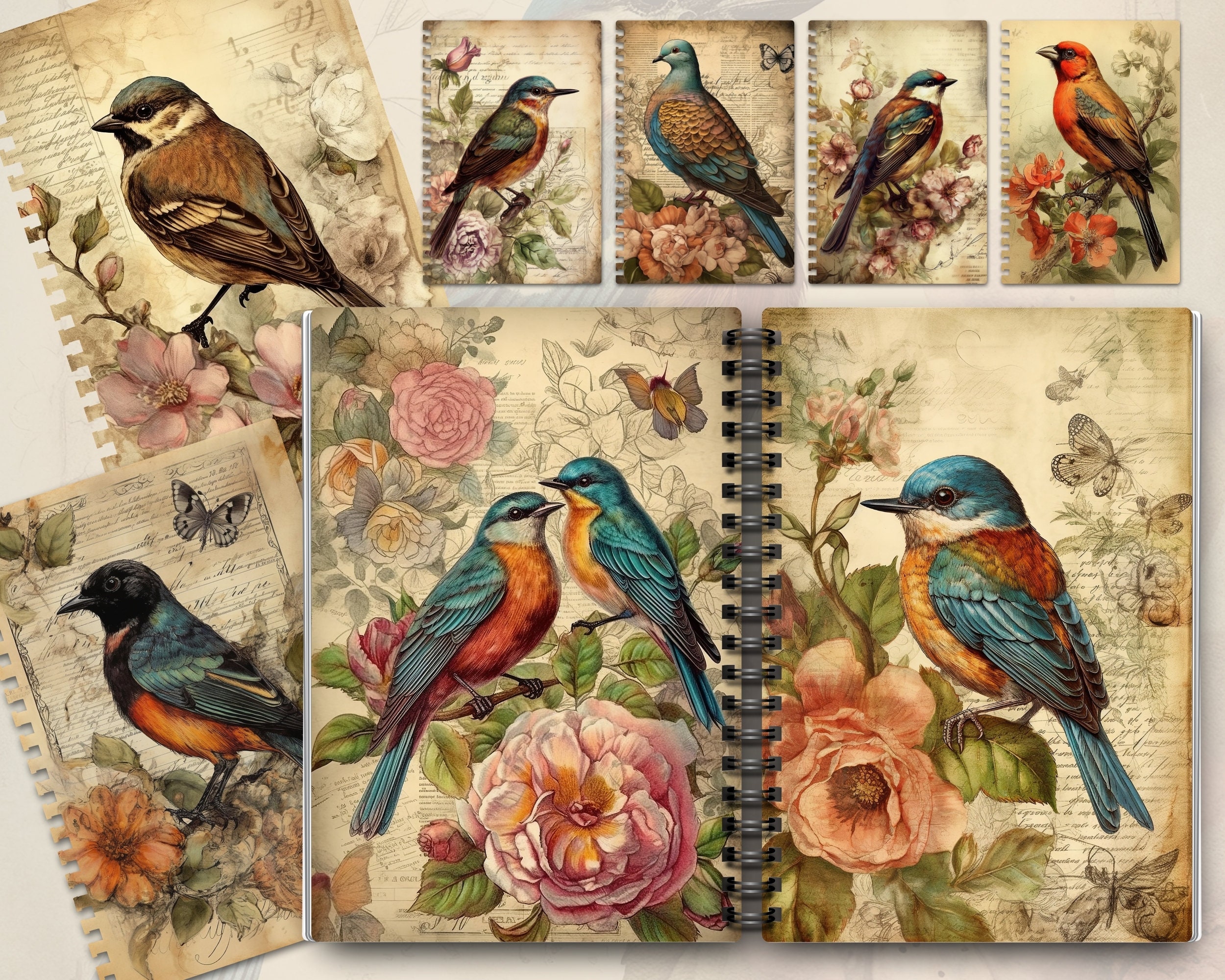 Vintage Bird Junk Journal Pages: Floral Scrapbook Paper (digital ...
