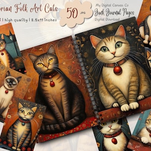 Victorian Folk Art Cat Junk Journal Pages, Digital Scrapbook Paper Kit,  Printable, Cat Collage Sheet, Vintage Ephemera, Black Cat Download
