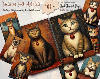Printable Cat Junk Journal Pages, Victorian Folk Art Collage Sheet, Cat Ephemera Scrapbook Paper Kit, Digital Download