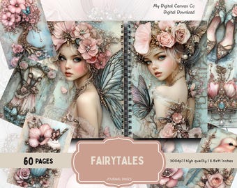 Fairy Junk Journal Kit digitale download, sprookjes pastel betoverde collagepagina's, fantasy bloemen plakboek kortstondige