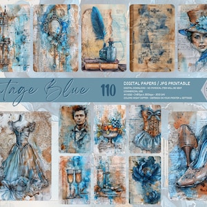Pale Blue Victorian Junk Journal Pages, scrapbook images, collage paper, digital printable paper, shabby chic, vintage, feminine and soft