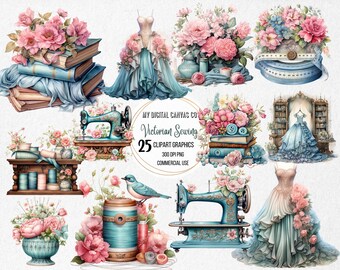 Watercolor Sewing Clipart PNG Digital Download, Shabby Chic Cottagecore Sewing Machine Art, Victorian Seamstress Collage Sheet Kit