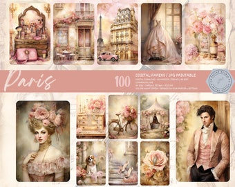 May include: A set of 100 digital papers featuring Parisian-themed illustrations. The papers include images of a pink car, a woman in a pink dress, a bicycle, a rose, and a man in a pink suit. The papers are perfect for scrapbooking, card making, and other crafting projects.