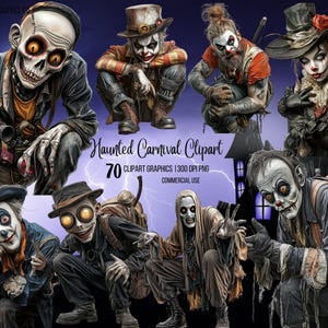 Clipart de carnaval embrujado, kit de papel para álbum de recortes digital, imprimible de feria de diversión, efímera vintage, clipart de collage de payasos, clipart de carnaval de Halloween