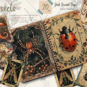 Pagine di diario di insetti, kit di carta per album digitali, stampabile botanico, foglio di collage, download di entomologia, effimere di farfalle