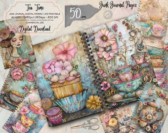 Tea Time Junk Journal Kit, Floral Junk Journal, Victorian Picture Collage, Tea Pot Picture Collage, Antique Junk Journal Paper