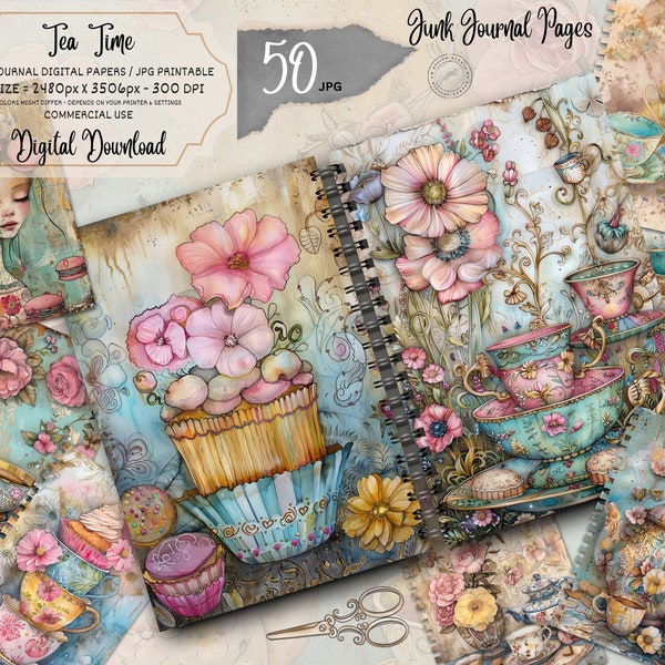 Tea Time Junk Journal Kit, Floral Junk Journal, Victorian Picture Collage, Tea Pot Picture Collage, Antique Junk Journal Paper