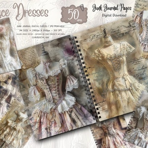 Lace Dress Fashion Journaling Cards | printable ephemera, digital junk journal paper, collage sheet, grunge scrapbook, fashion journal