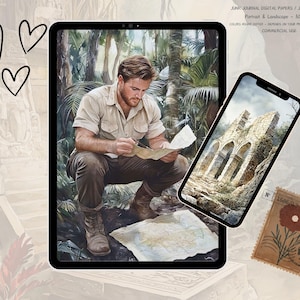 May include: A digital paper pack with two images. The first image is a man in a jungle setting, looking at a map. The second image is a stone archway with a weathered look.