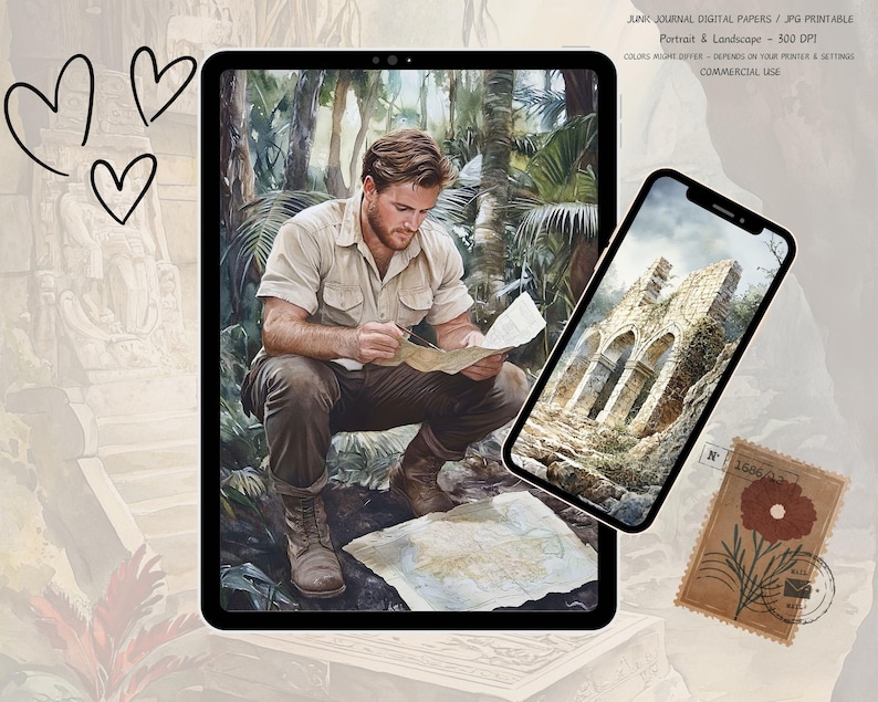 May include: A digital paper pack with two images. The first image is a man in a jungle setting, looking at a map. The second image is a stone archway with a weathered look.